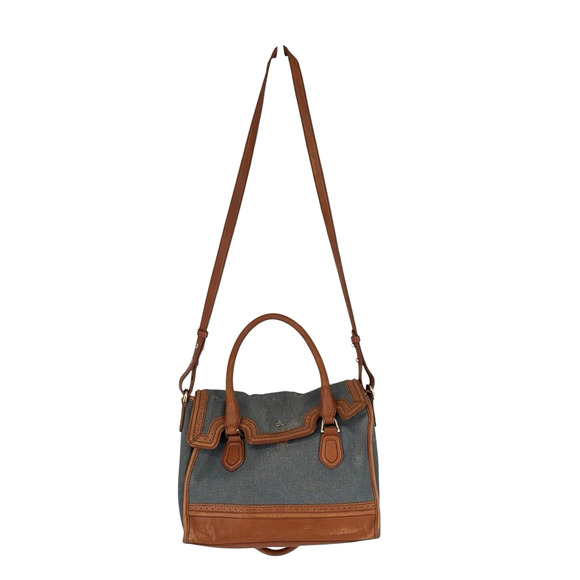 Cole Haan Blue Brown Leather Flap Brooke Tote Crossbody Canvas Spectator - Picture 8 of 16
